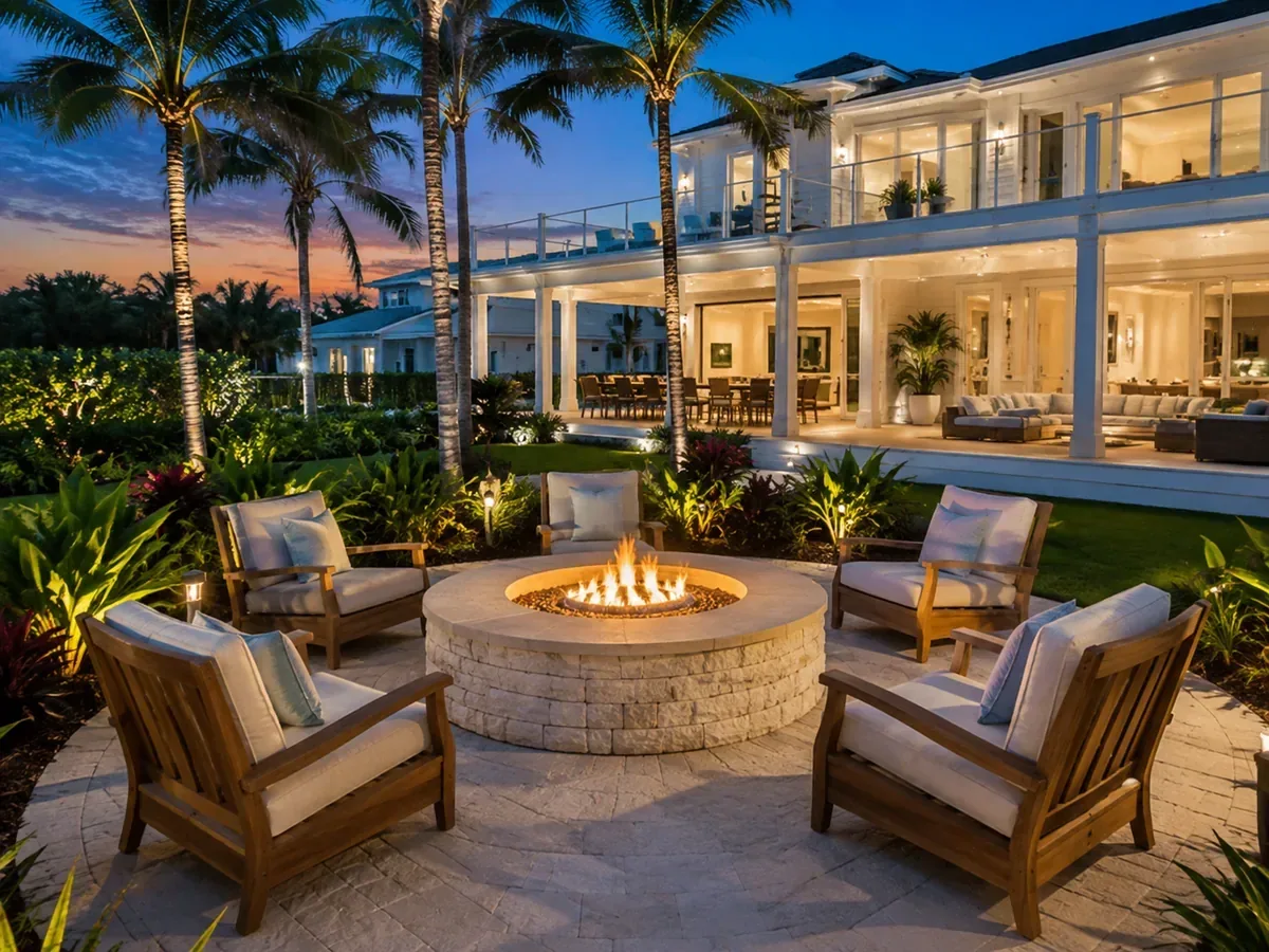 Beachy tropical fire pit patio at a luxury coastal estate