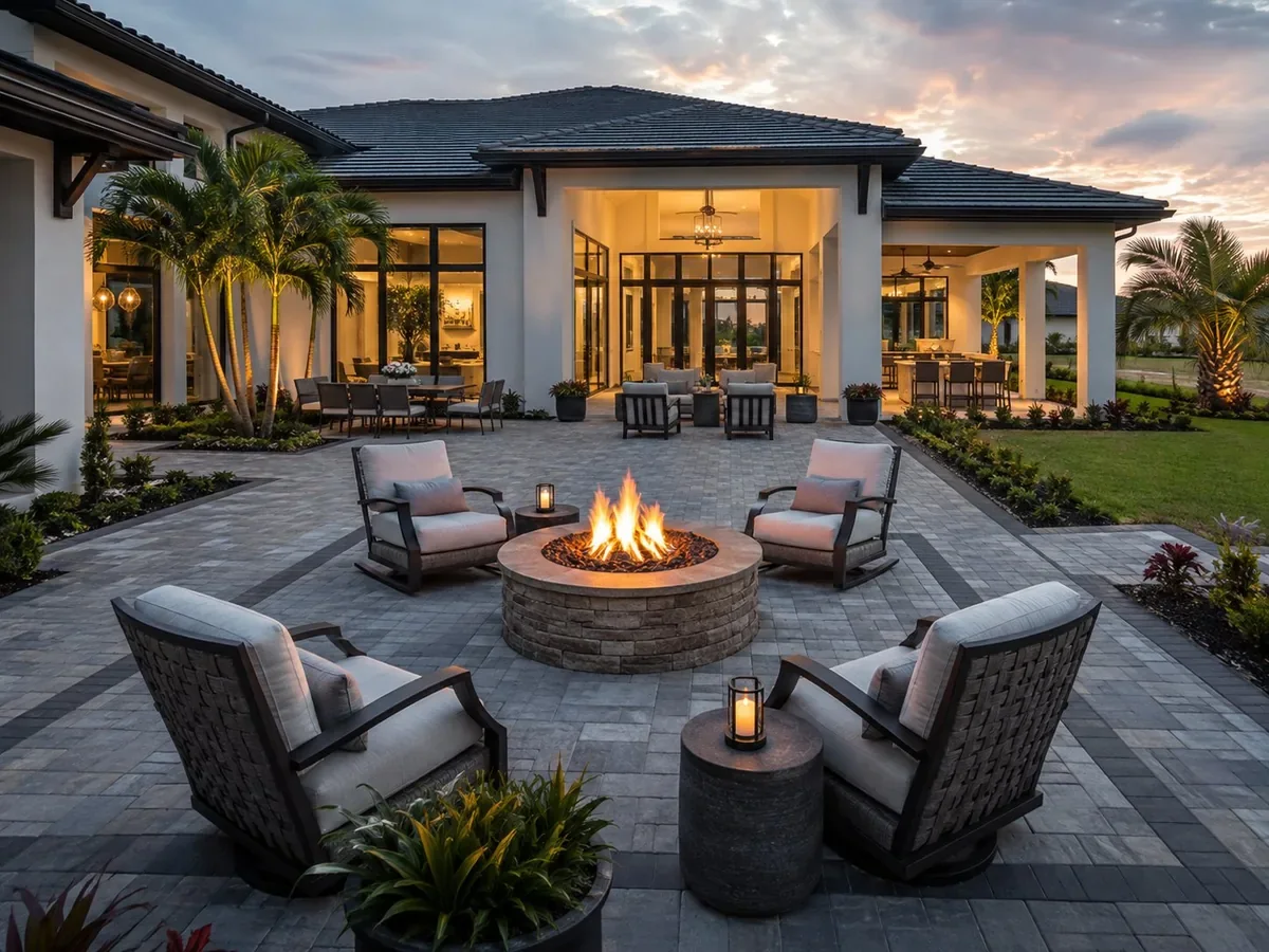 Luxury Bradenton style paver fire pit and patio at dusk