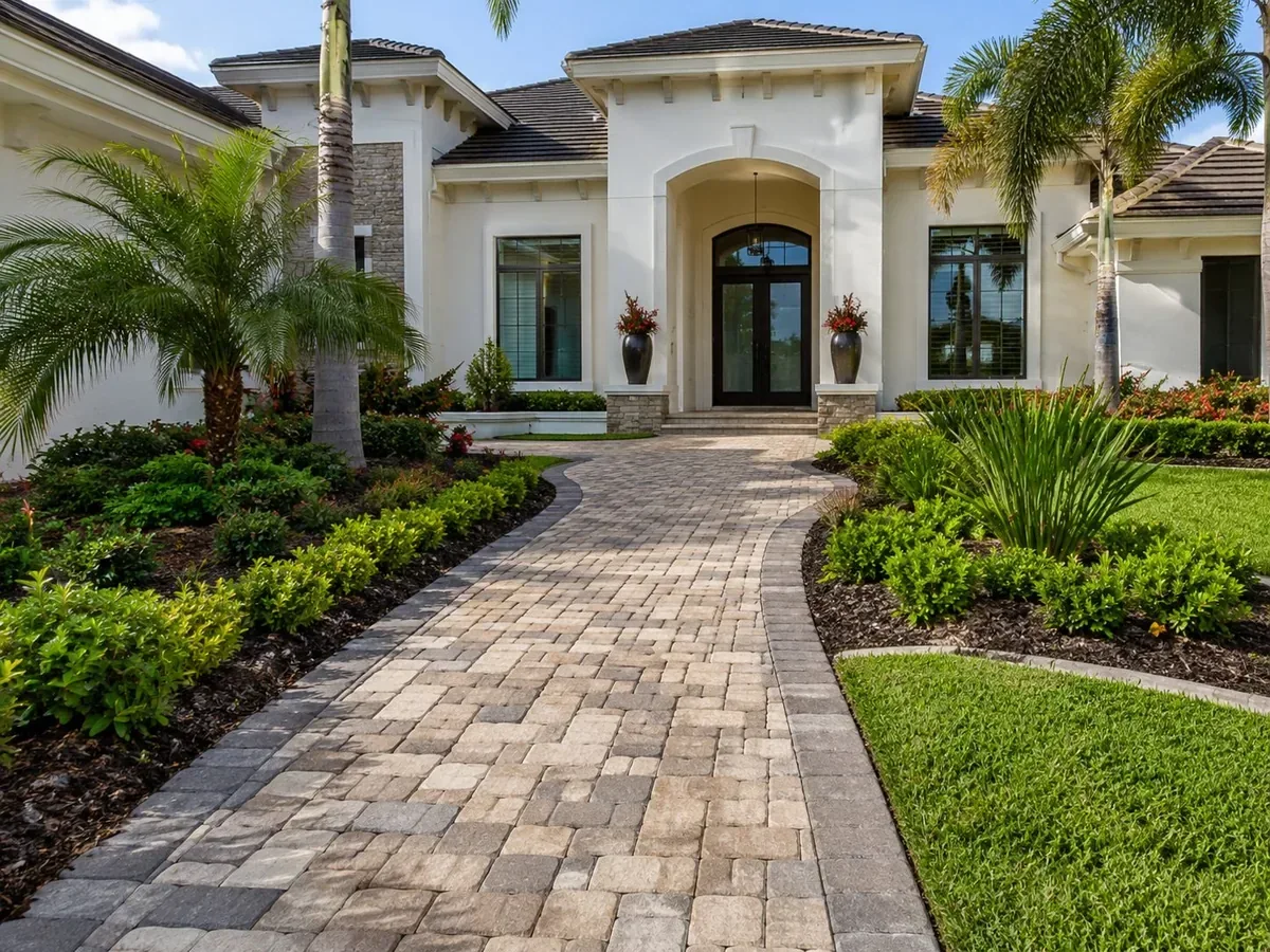 Luxury Lakewood Ranch style paver walkway and landscaped home