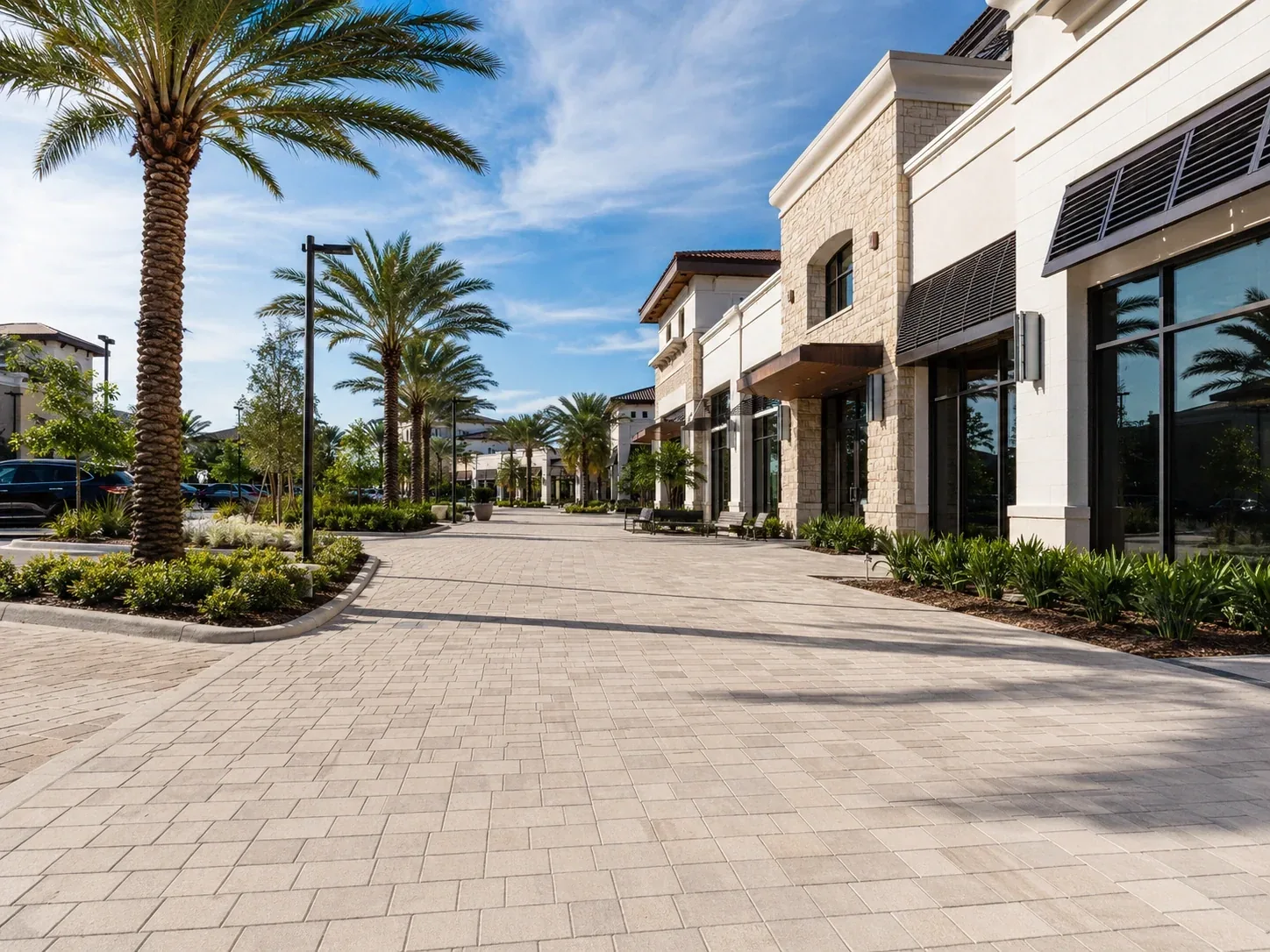 Shopping promenade with clean brick pavers and palm-lined storefronts