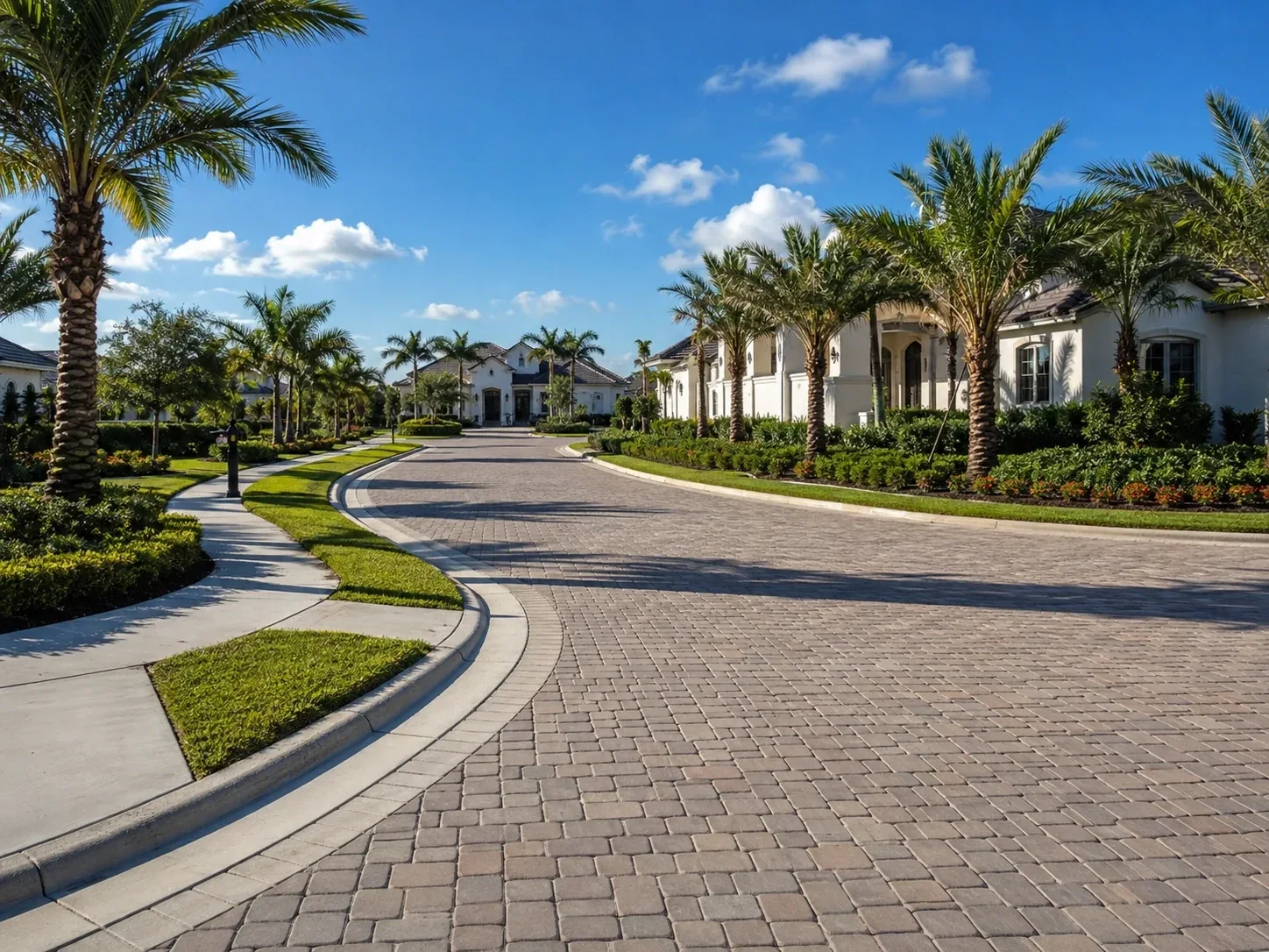 Palm-lined neighborhood paver roadway with upscale Florida homes